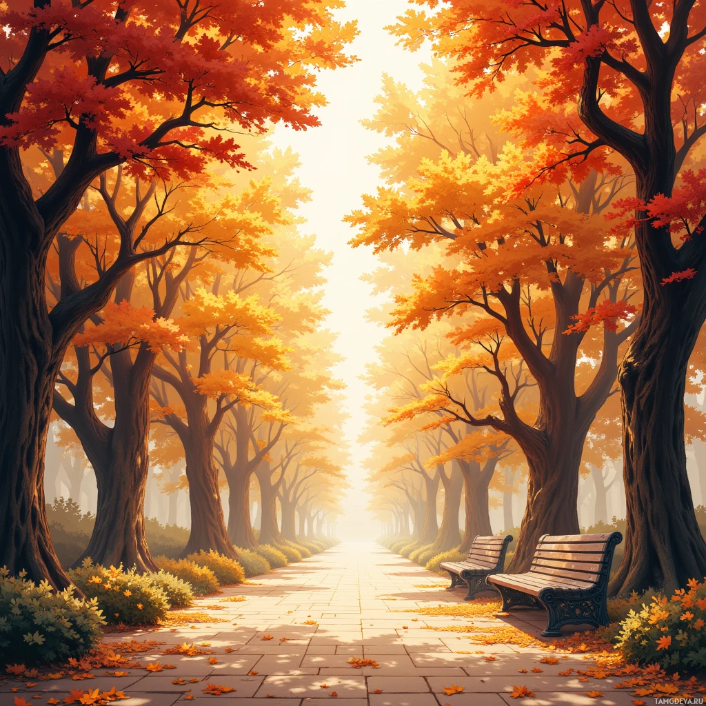 A serene autumn scene with colorful trees lining a paved path and benches on either side.