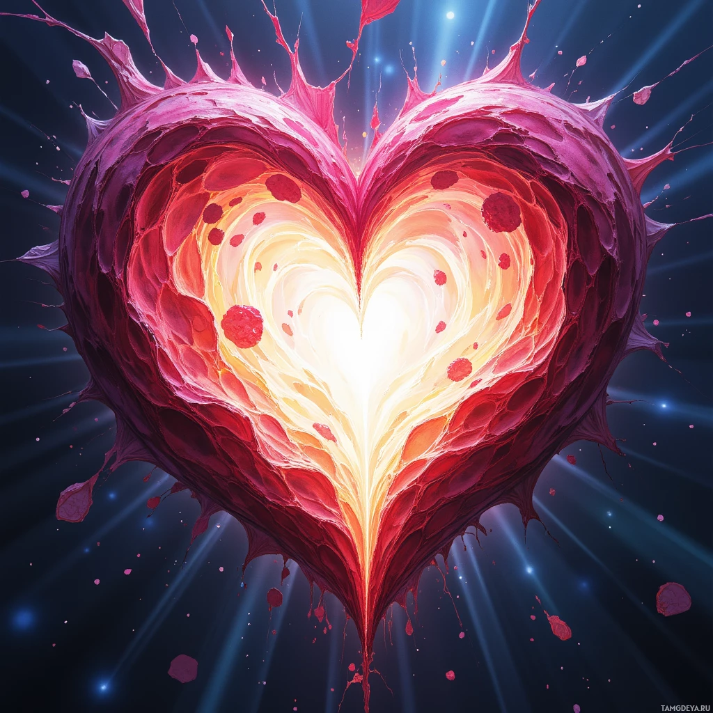 A vibrant, abstract heart with layers of red and orange hues, radiating light against a dark background.