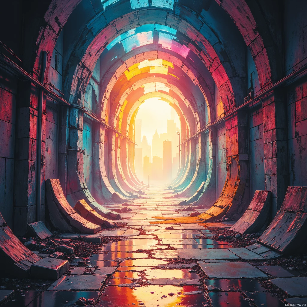 A vibrant, futuristic tunnel with colorful arches leading to a distant cityscape.