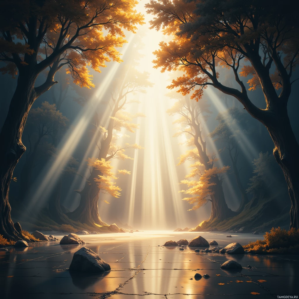A serene forest scene with golden sunlight streaming through the trees onto a calm river.