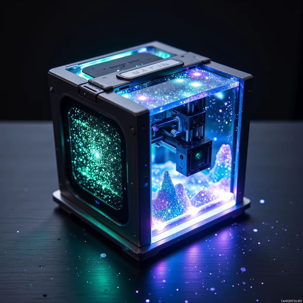 A futuristic, illuminated cube with glowing lights and a transparent side revealing internal components.