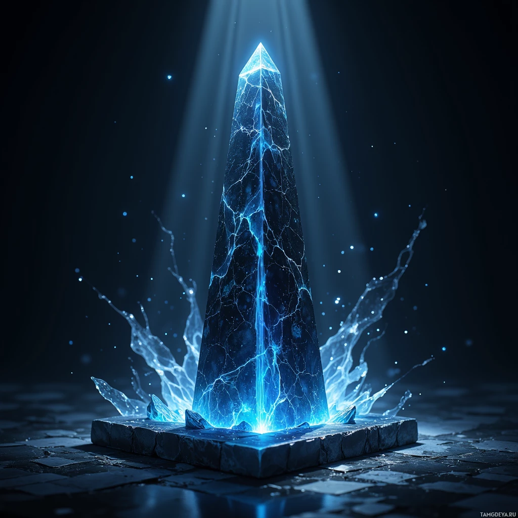 A glowing blue crystal pyramid with light beams and water splashes around it.