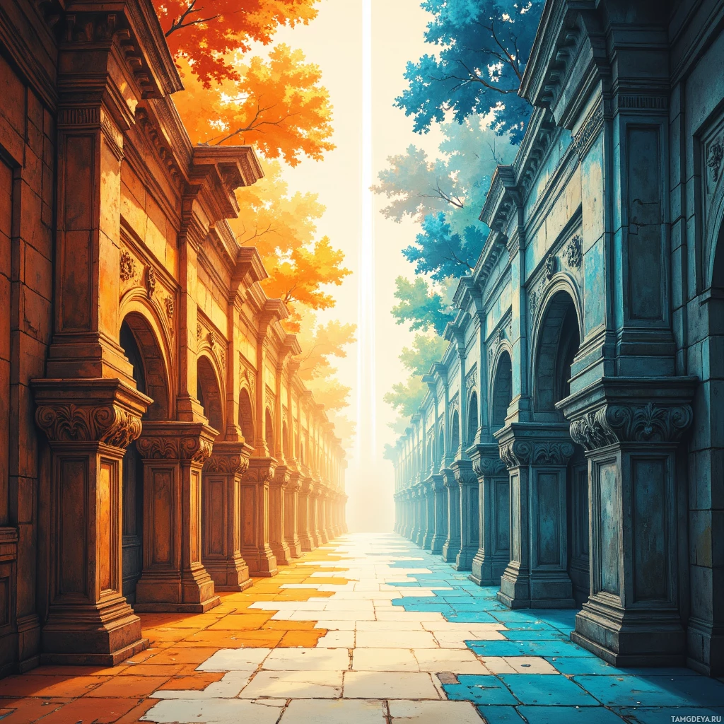 A split image shows a sunlit pathway lined with ornate columns on one side and a shadowed pathway with blue-tinted columns on the other.