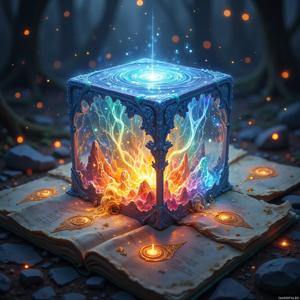 A glowing, magical cube rests atop an open book, emitting vibrant energy and surrounded by glowing particles.