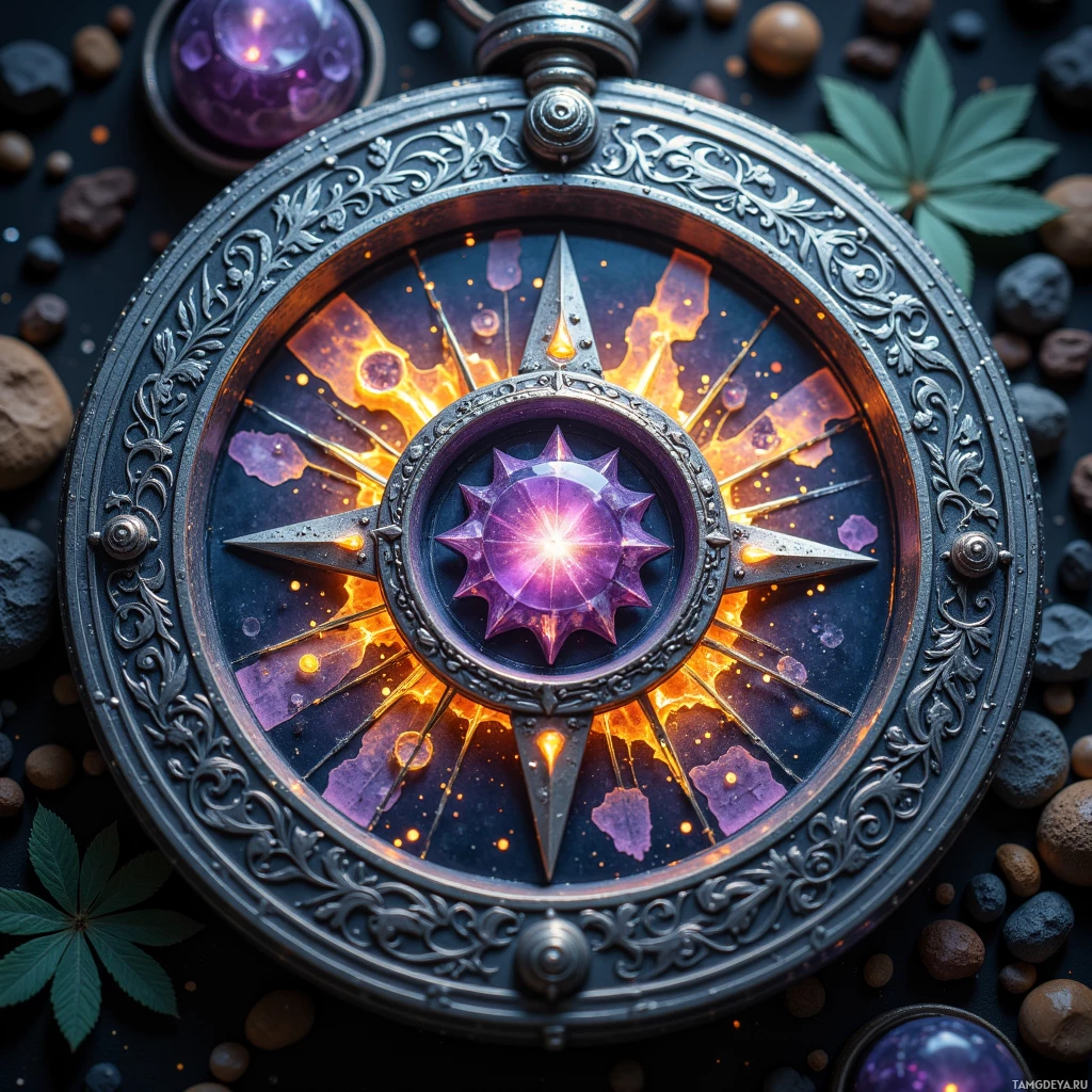 A detailed compass with glowing purple and orange elements surrounded by small rocks and leaves on a dark background.