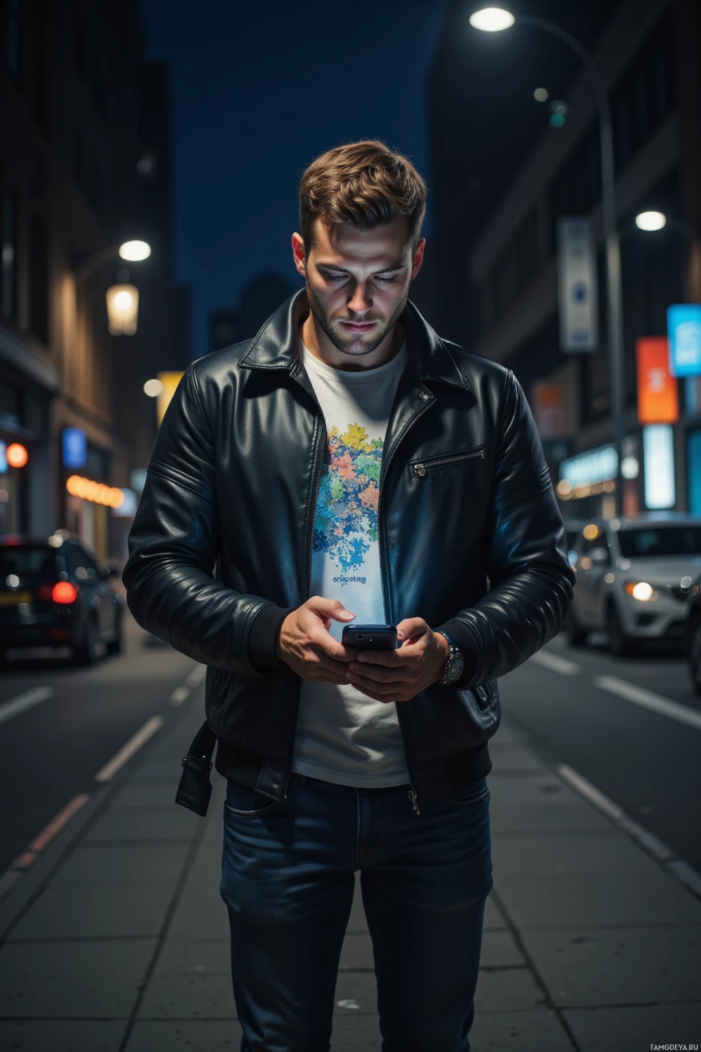 A man in a leather jacket and jeans stands on a city street at night, looking at his phone.