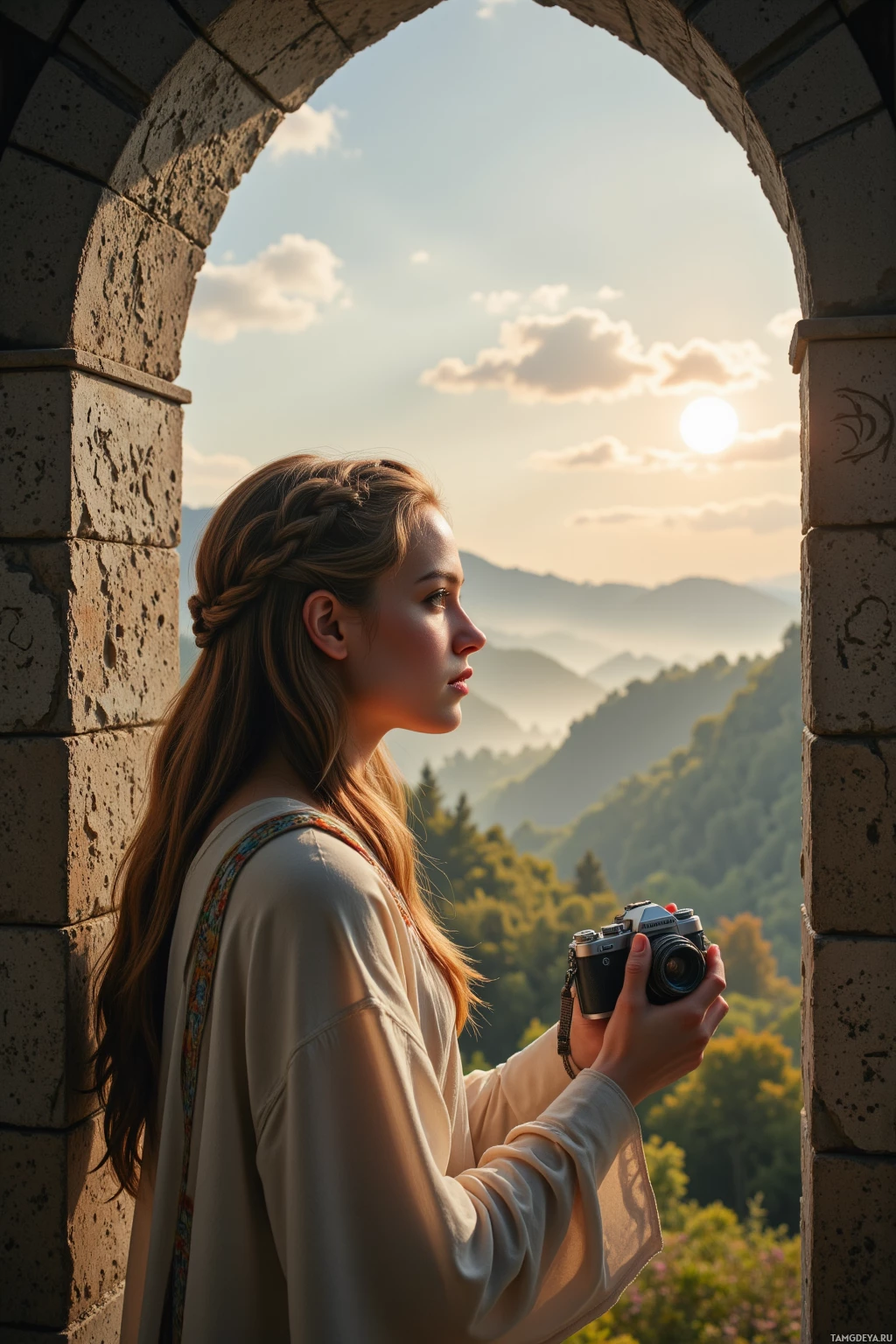 A person stands in an archway, holding a camera, gazing at a scenic view of mountains and a setting sun.