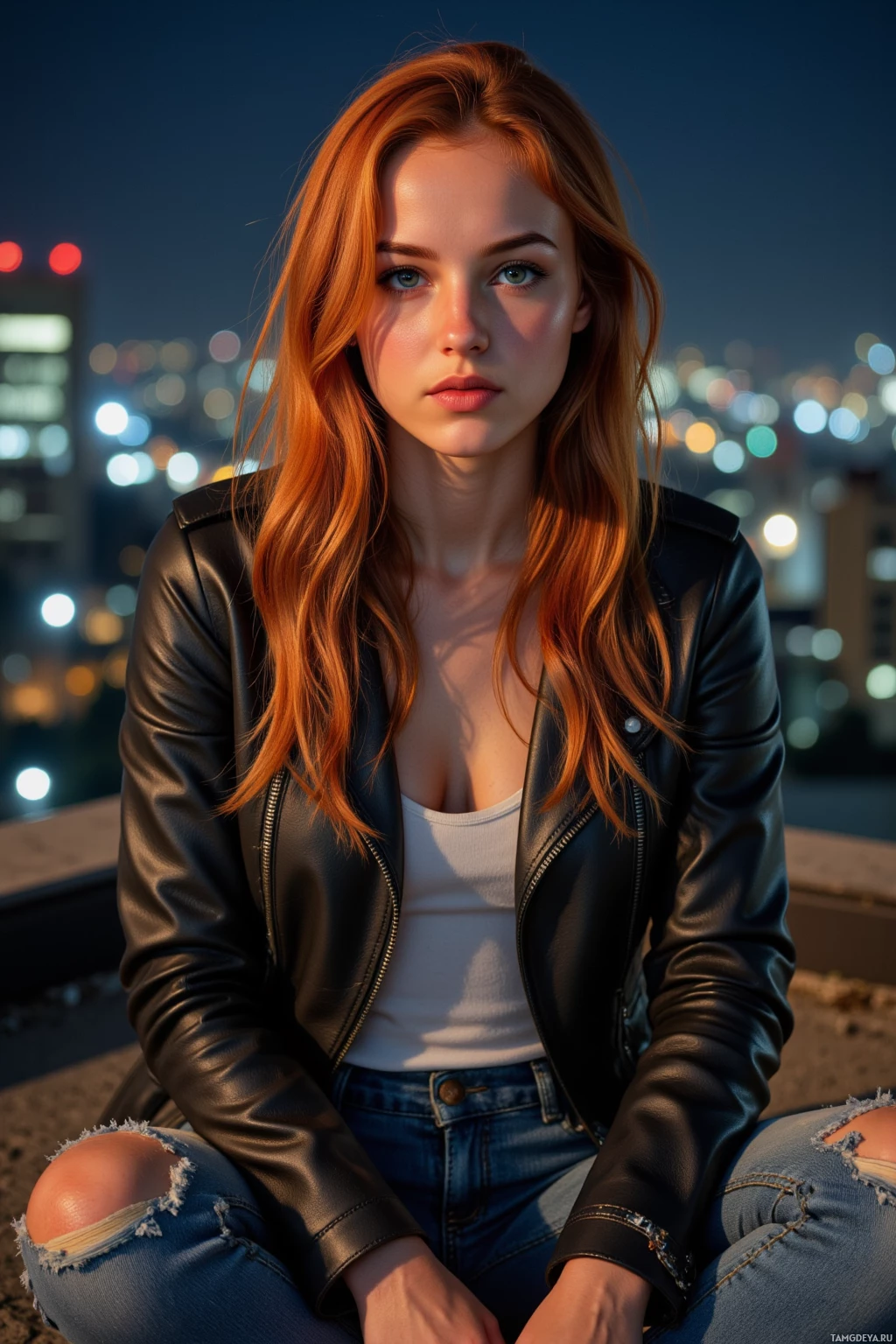 A person with long red hair wearing a black leather jacket and ripped jeans, sitting against a cityscape at night.