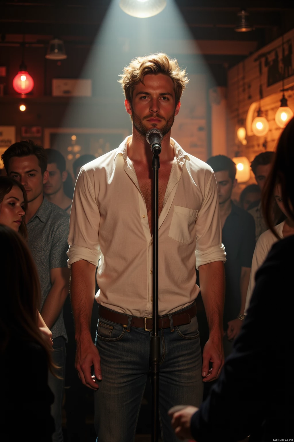 A man stands at a microphone in front of an audience in a dimly lit venue with hanging lights.
