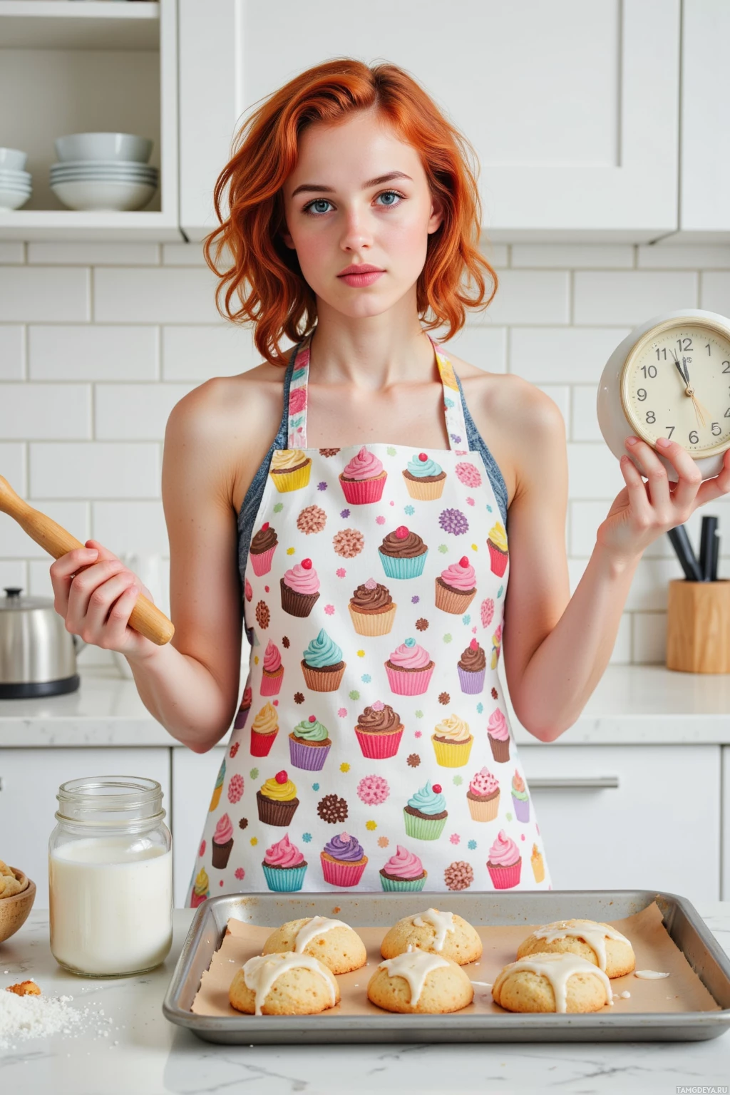 A person in a colorful apron stands in a kitchen, holding a wooden spoon and a clock, with a tray of cookies and a jar of milk nearby.