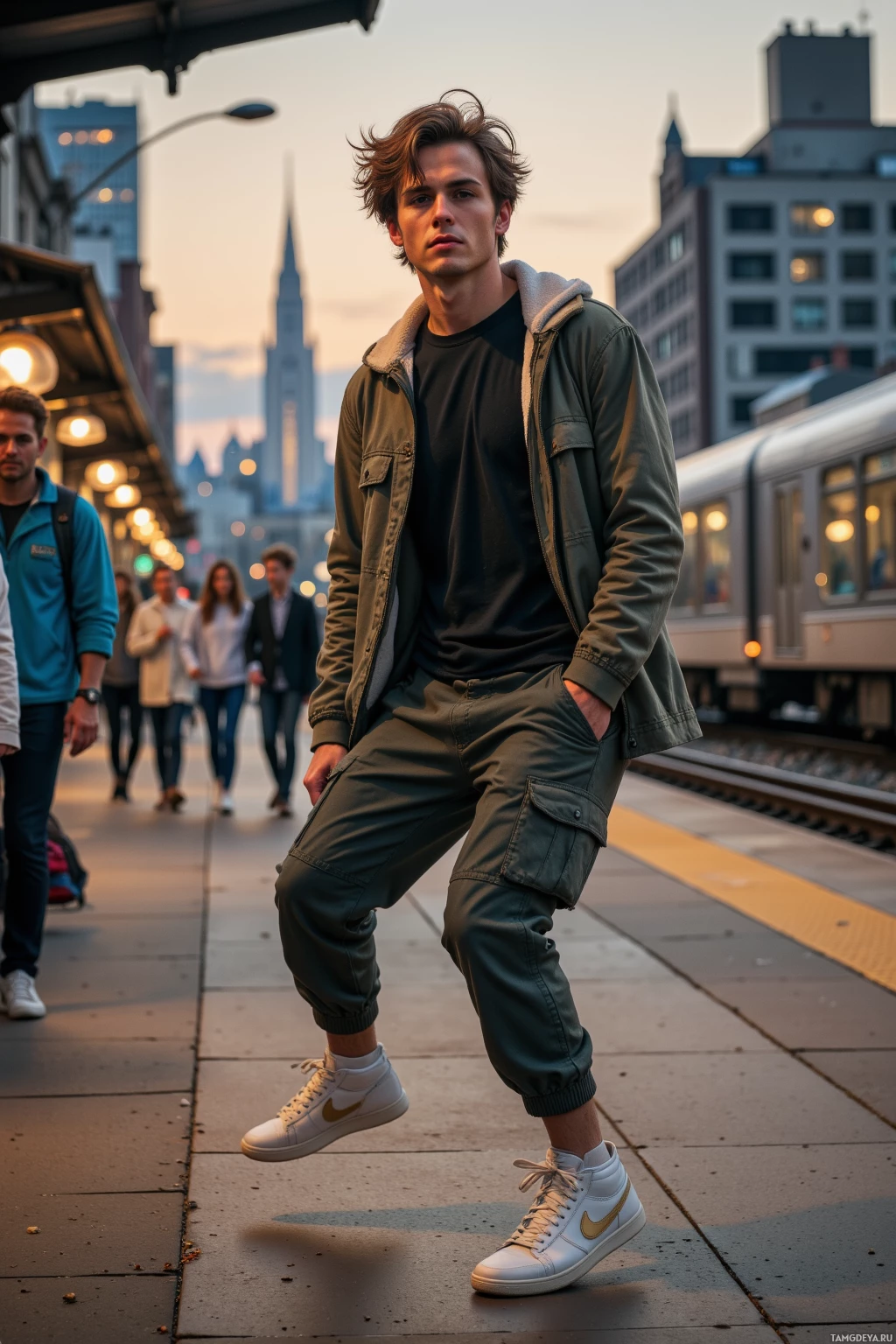 A young man stands on a train platform, wearing a green jacket and white sneakers, with a cityscape and train in the background.