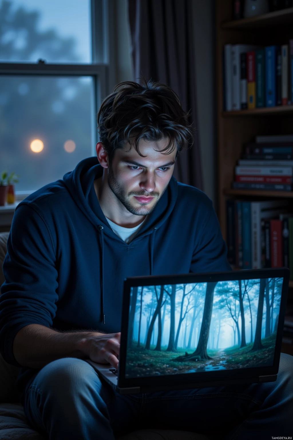 A man sits on a couch, focused on a laptop displaying a forest scene.