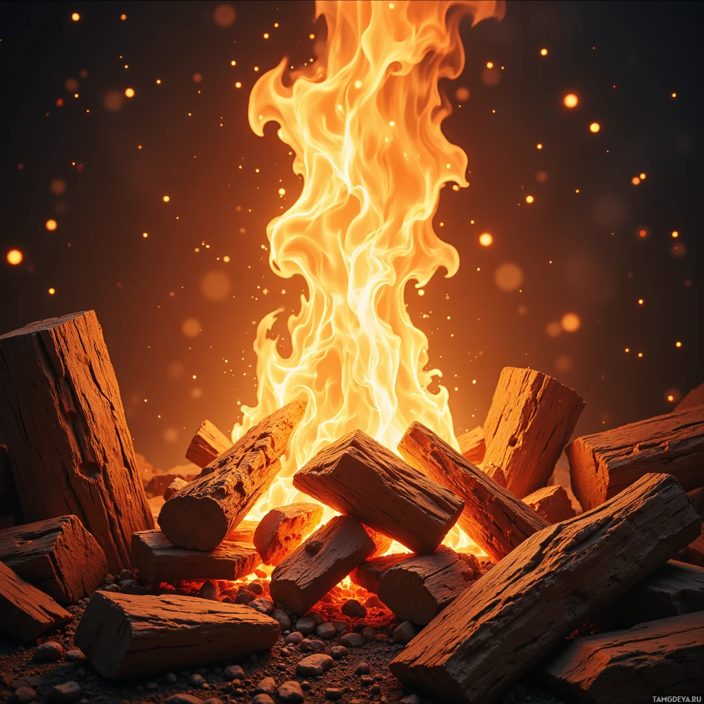 A vibrant campfire with dancing flames and glowing embers.