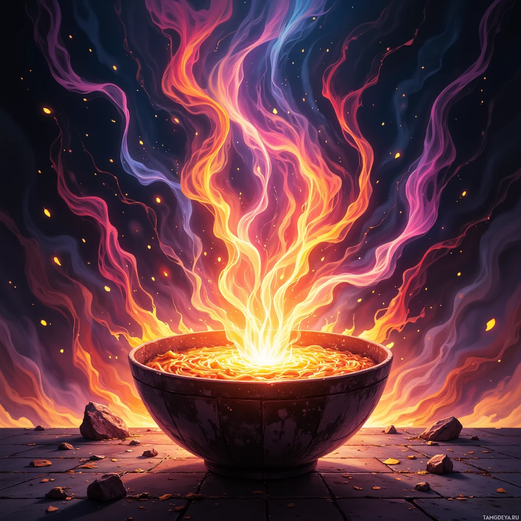 A vibrant, swirling flame rises from a bowl, casting a fiery glow over a dark, rocky landscape.