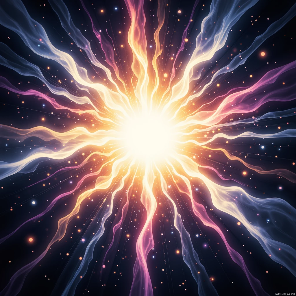 A vibrant cosmic explosion with swirling light rays and scattered stars against a dark background.