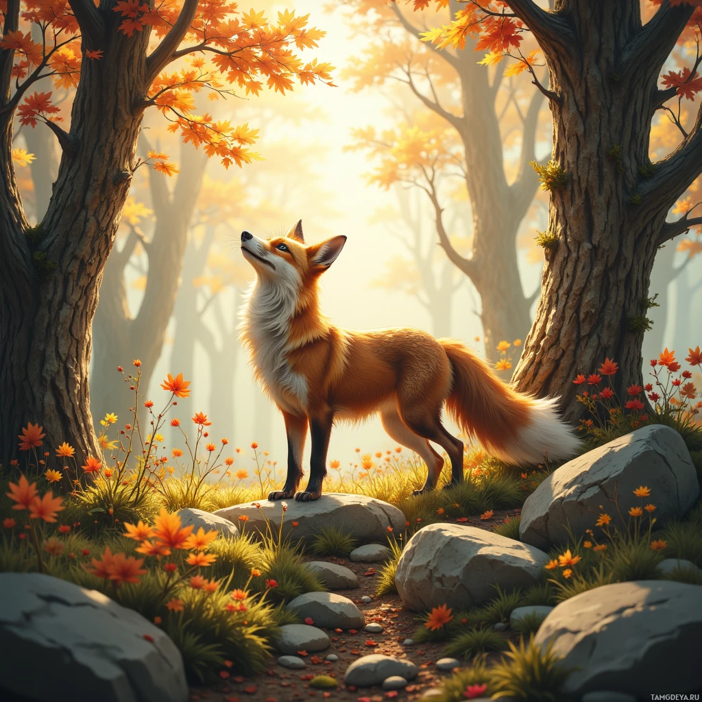 A fox stands amidst autumn foliage and rocks in a serene forest setting.