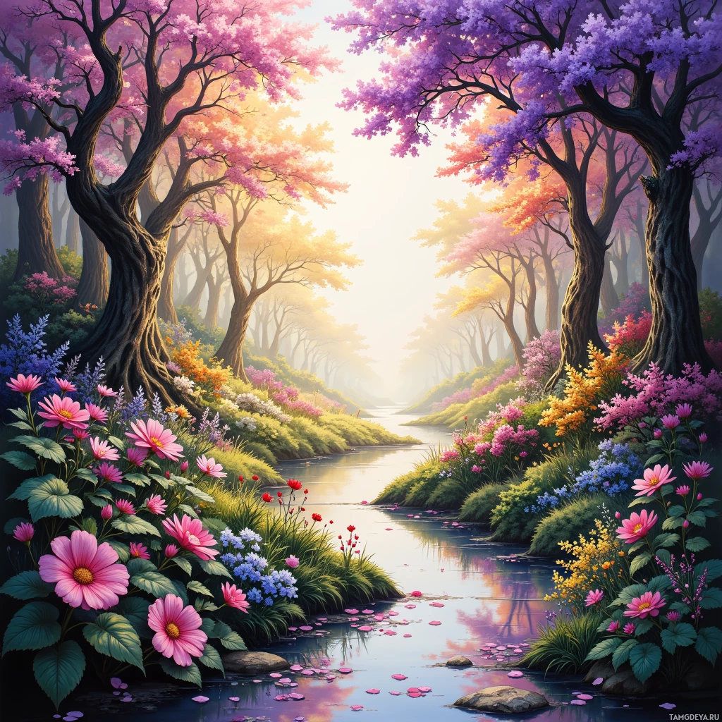 A serene forest scene with blooming trees and colorful flowers along a calm river.