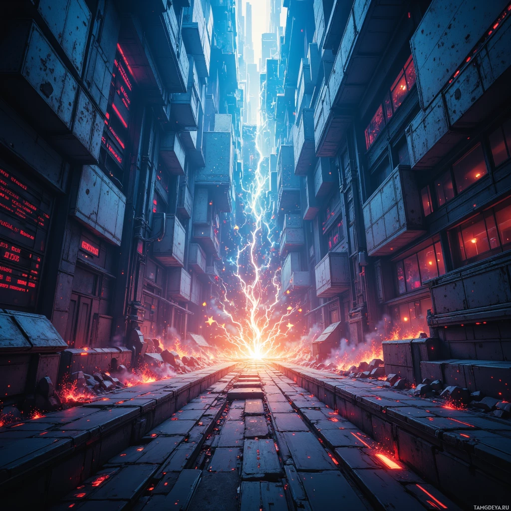 A futuristic cityscape with towering skyscrapers, glowing neon lights, and a dramatic lightning strike splitting the sky.