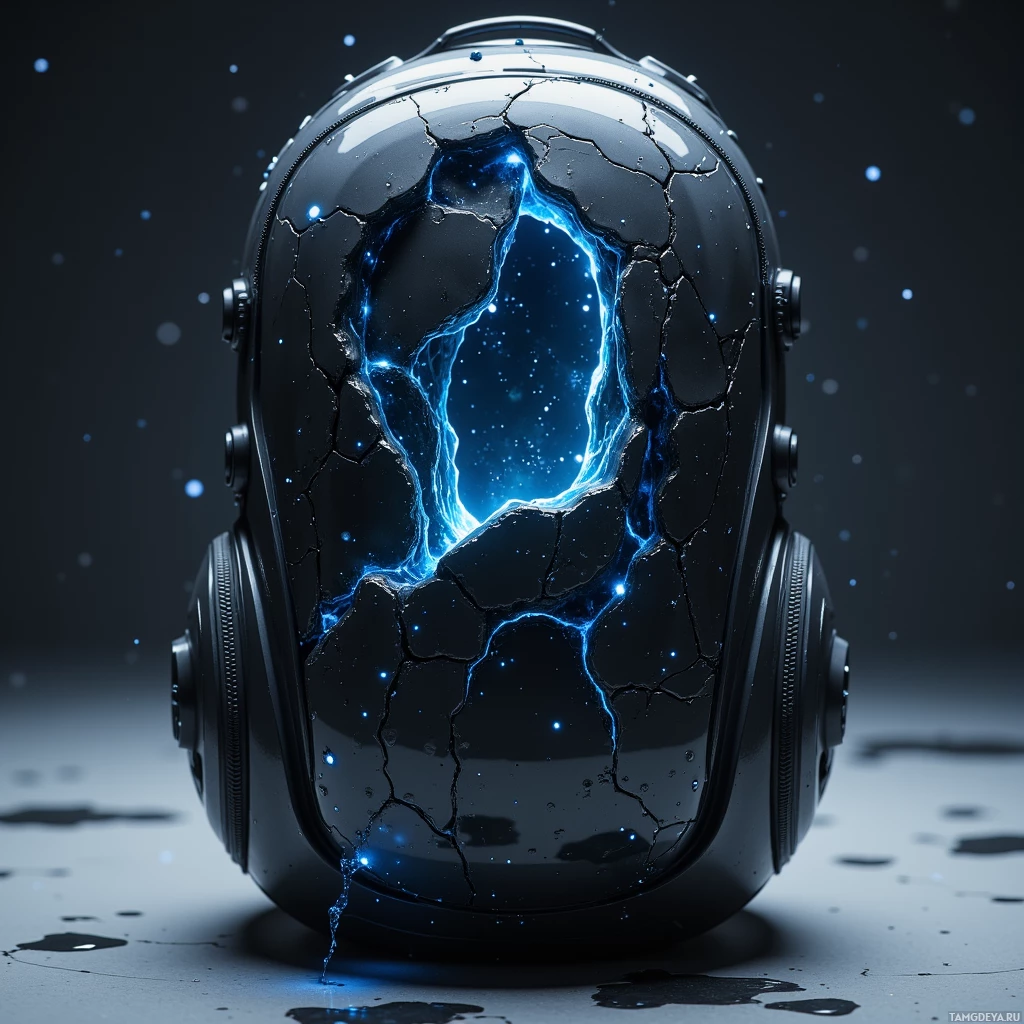 A cracked black helmet with glowing blue energy emanating from its surface.