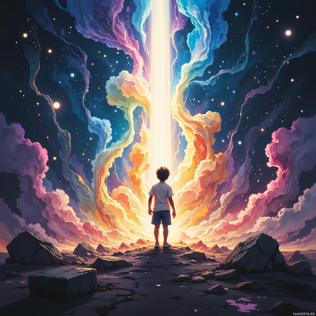 A child stands on a rocky landscape, gazing at a vibrant, cosmic light beam in the sky.