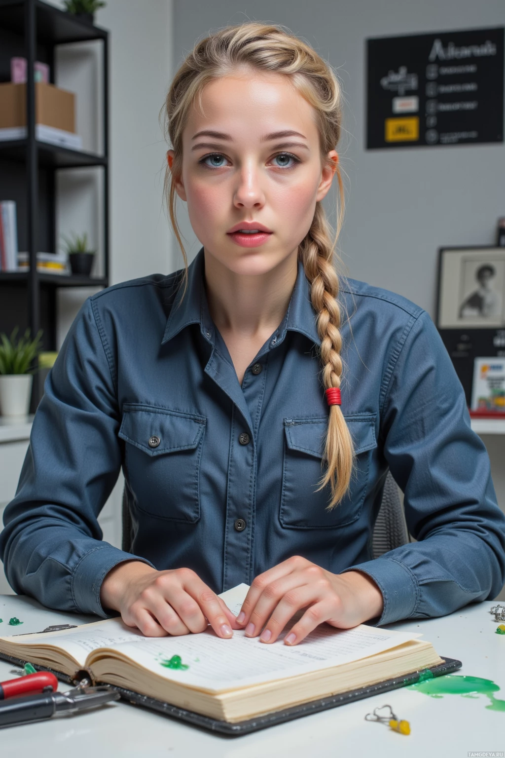 A person with braided hair sits at a desk reading an open book.
