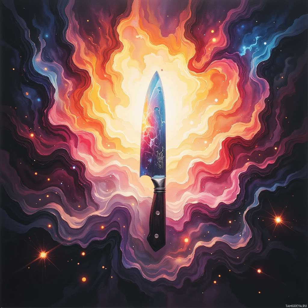 A knife with a colorful, cosmic background featuring swirling patterns and glowing stars.