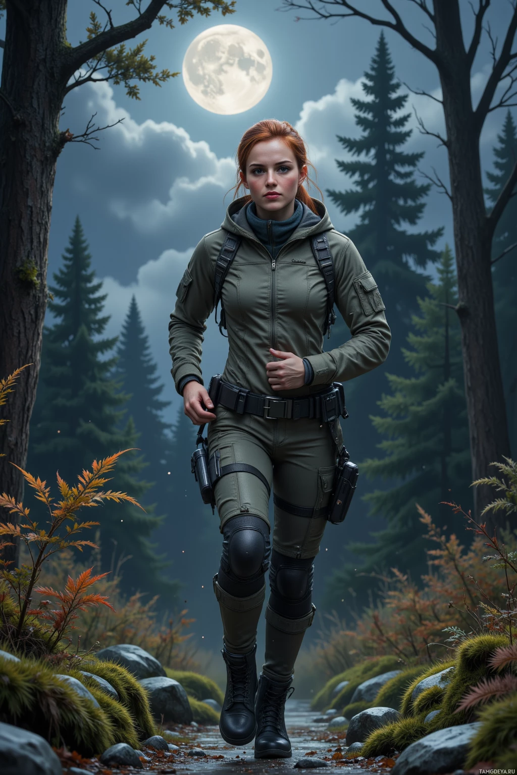 A person in tactical gear walks through a forest under a full moon.