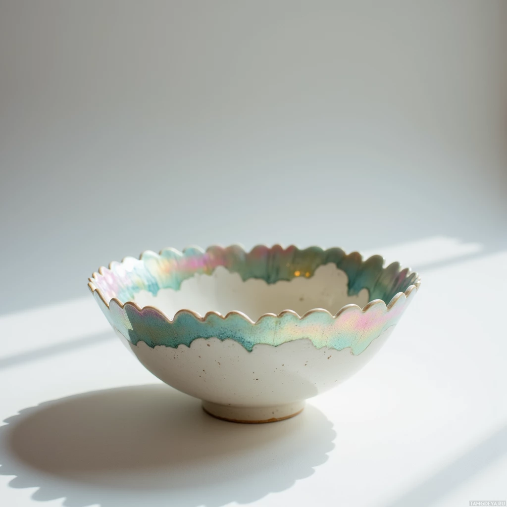 A scalloped ceramic bowl with iridescent edges sits on a white surface.