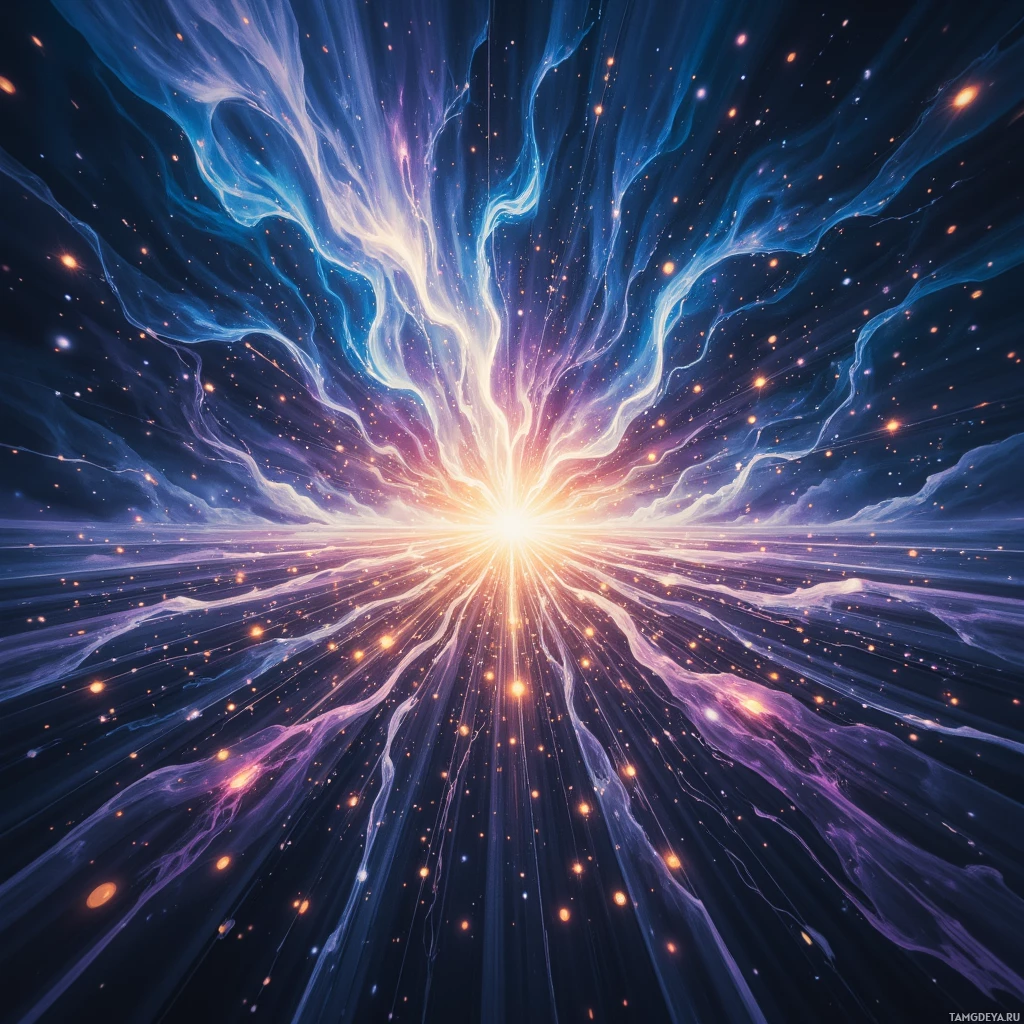 A vibrant cosmic explosion with swirling blue and purple energy radiating outward against a dark background dotted with glowing particles.