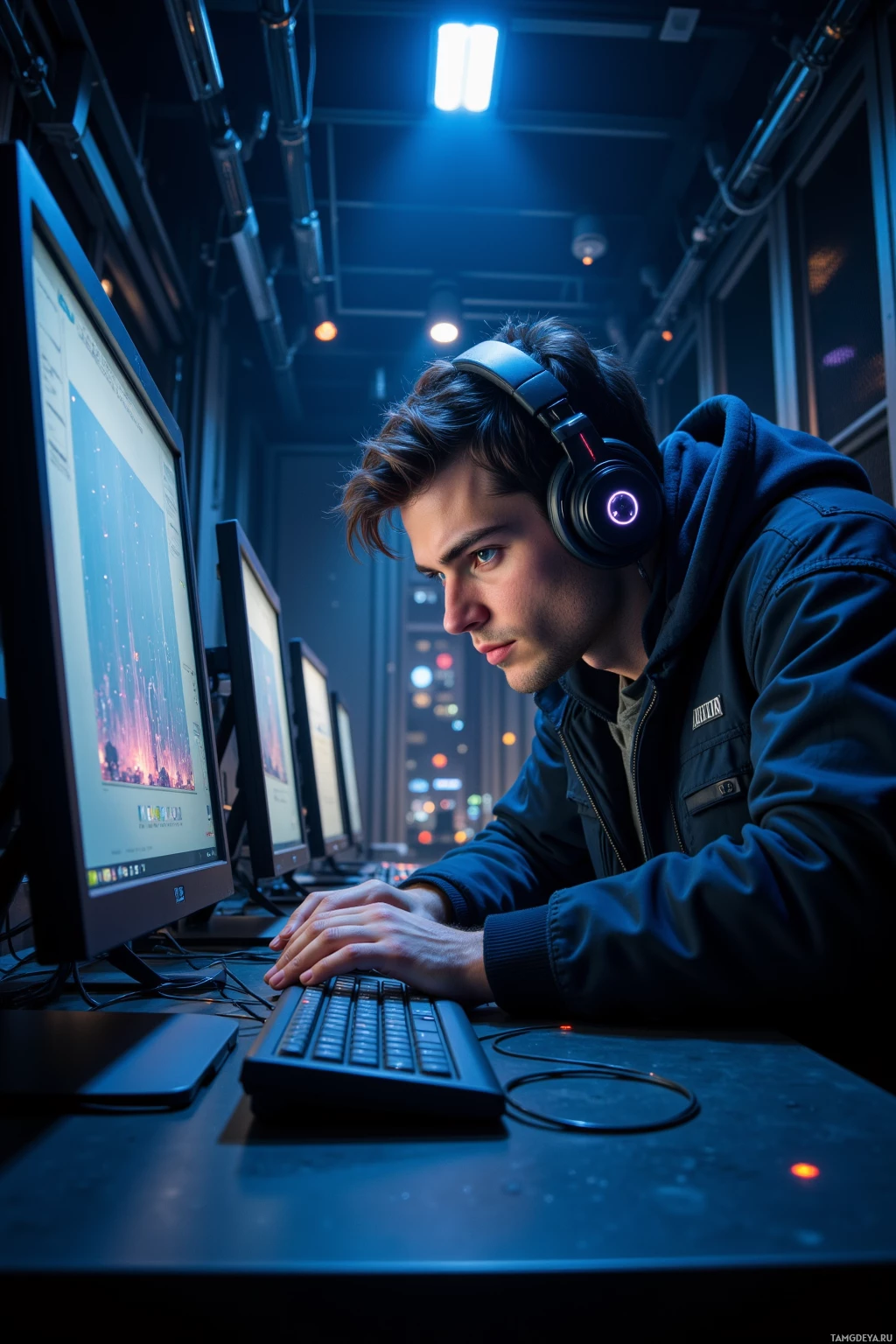 A person wearing headphones is working at a computer in a dimly lit room.