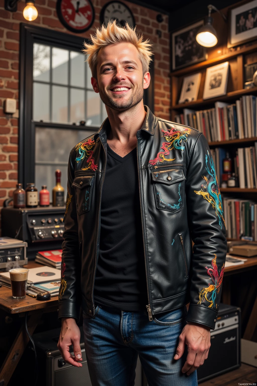 A man stands in a cozy room, wearing a black leather jacket with colorful dragon designs, smiling at the camera.