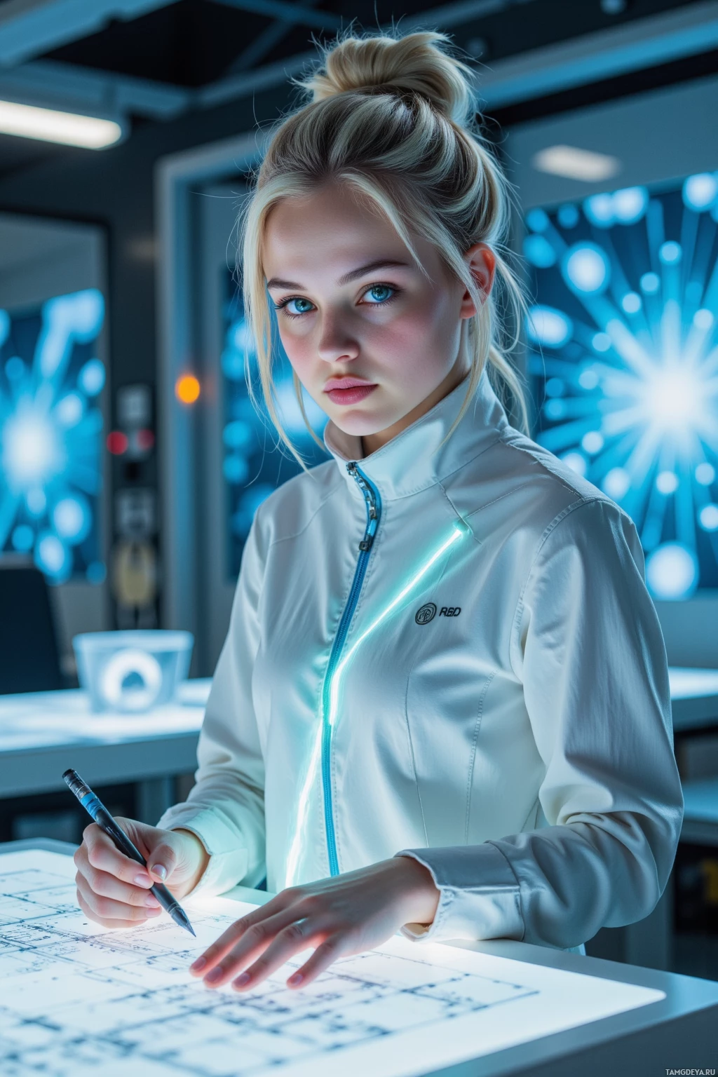 A person in a futuristic lab setting, wearing a white jacket with blue accents, is working on a blueprint with a pen.