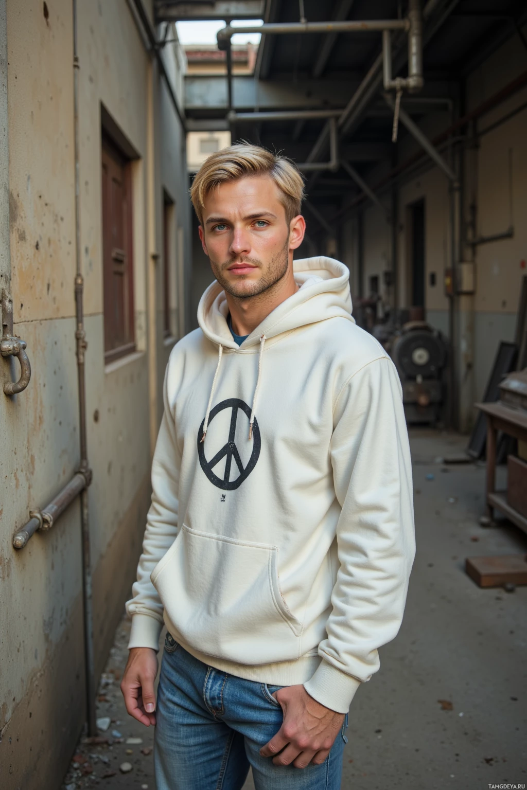 A person wearing a white hoodie with a peace symbol stands in an alleyway.