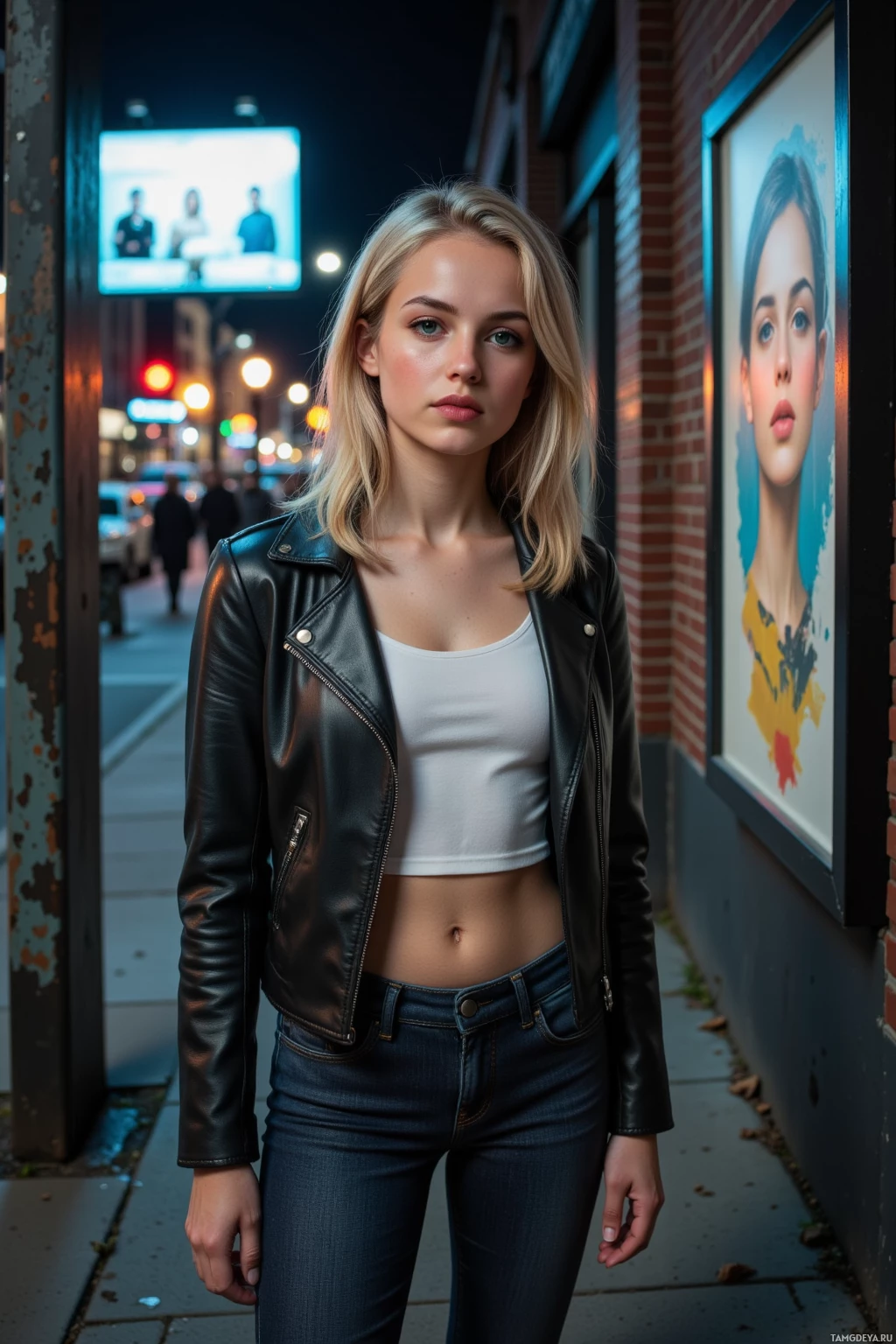 A person stands on a city sidewalk at night, wearing a black leather jacket and jeans.