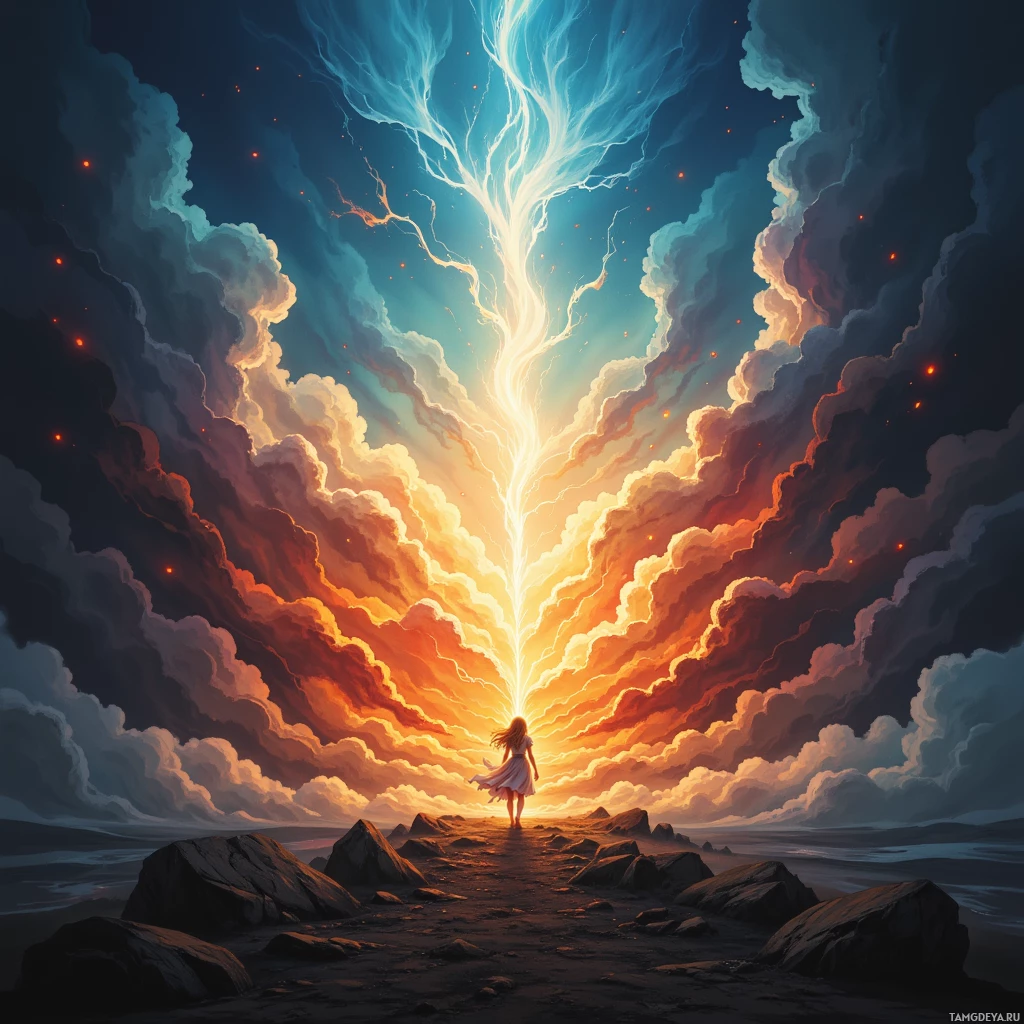 A person stands on a rocky path under a dramatic sky with a bright, glowing light beam descending from the clouds.