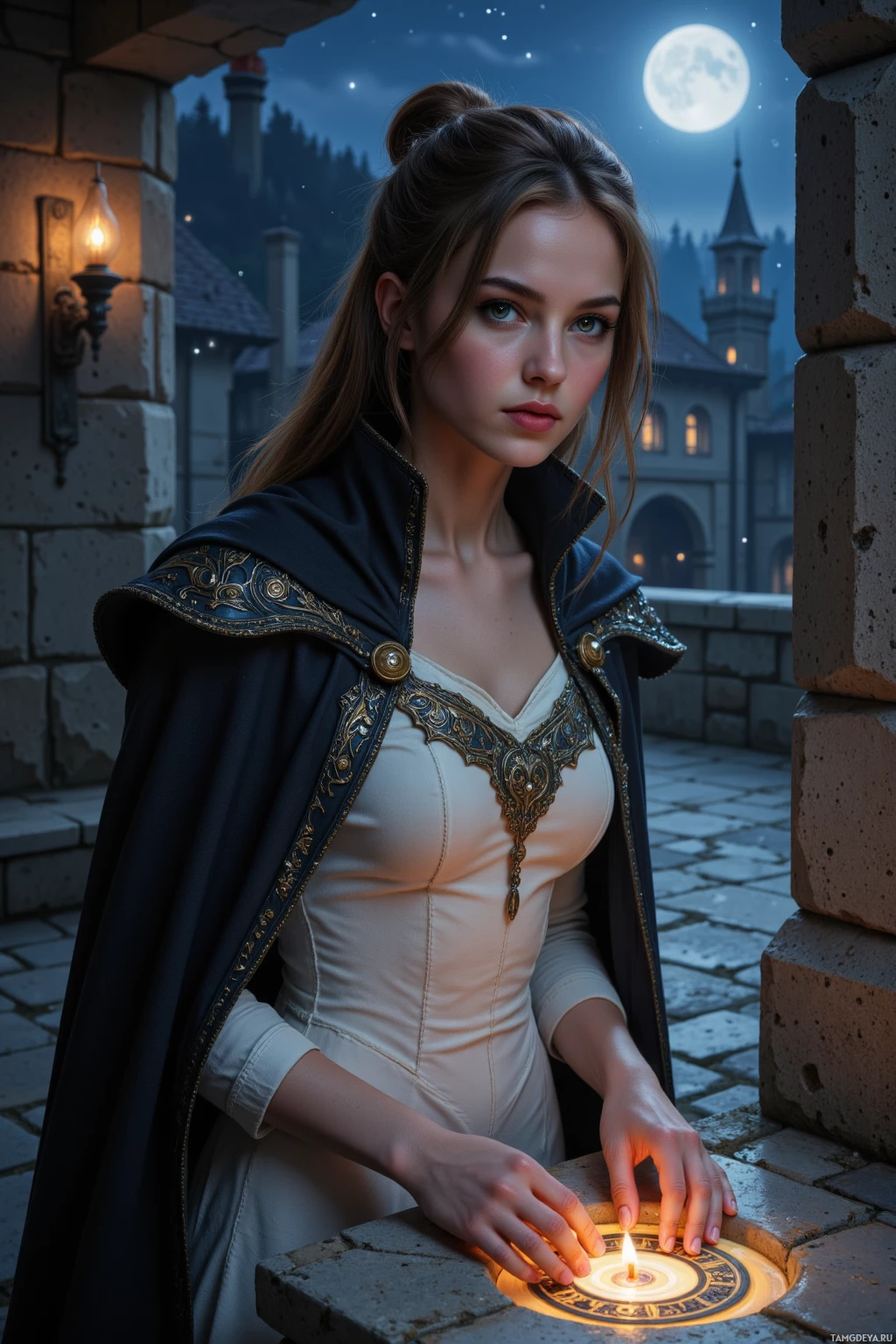 A person in a medieval-style outfit stands by a candlelit stone table, with a castle and full moon in the background.