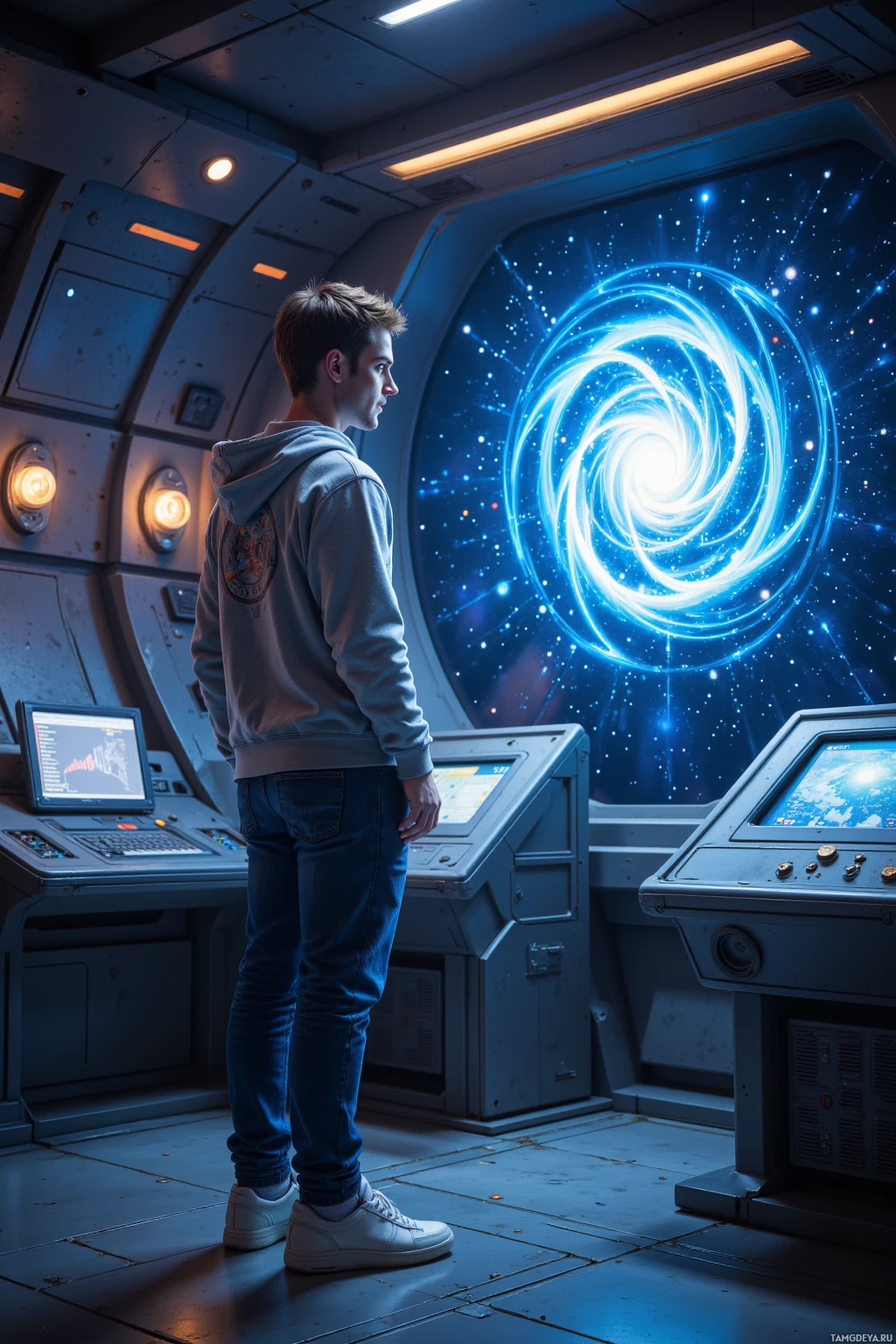 A person stands in a futuristic control room gazing at a swirling galaxy through a large window.