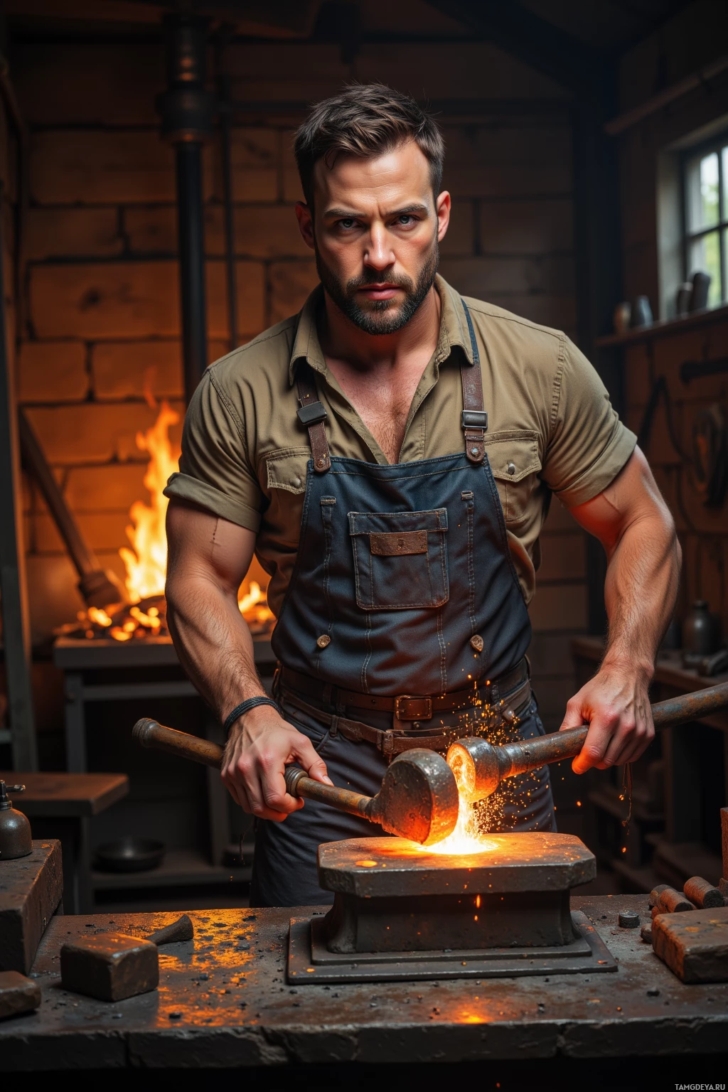 A man in a workshop pours molten metal into a mold.