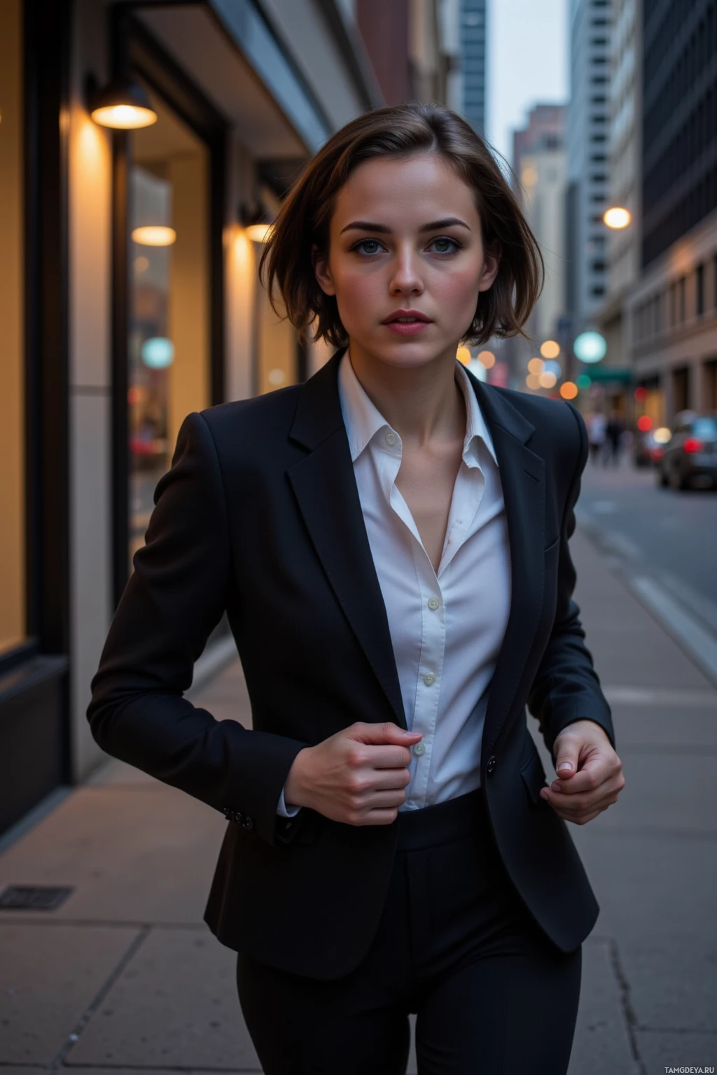 A person in a black suit and white shirt stands on an urban sidewalk at dusk.