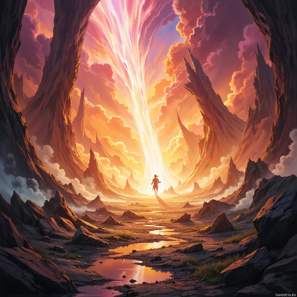 A lone figure stands at the entrance of a grand, fantastical cave with a radiant light beam piercing through the sky.