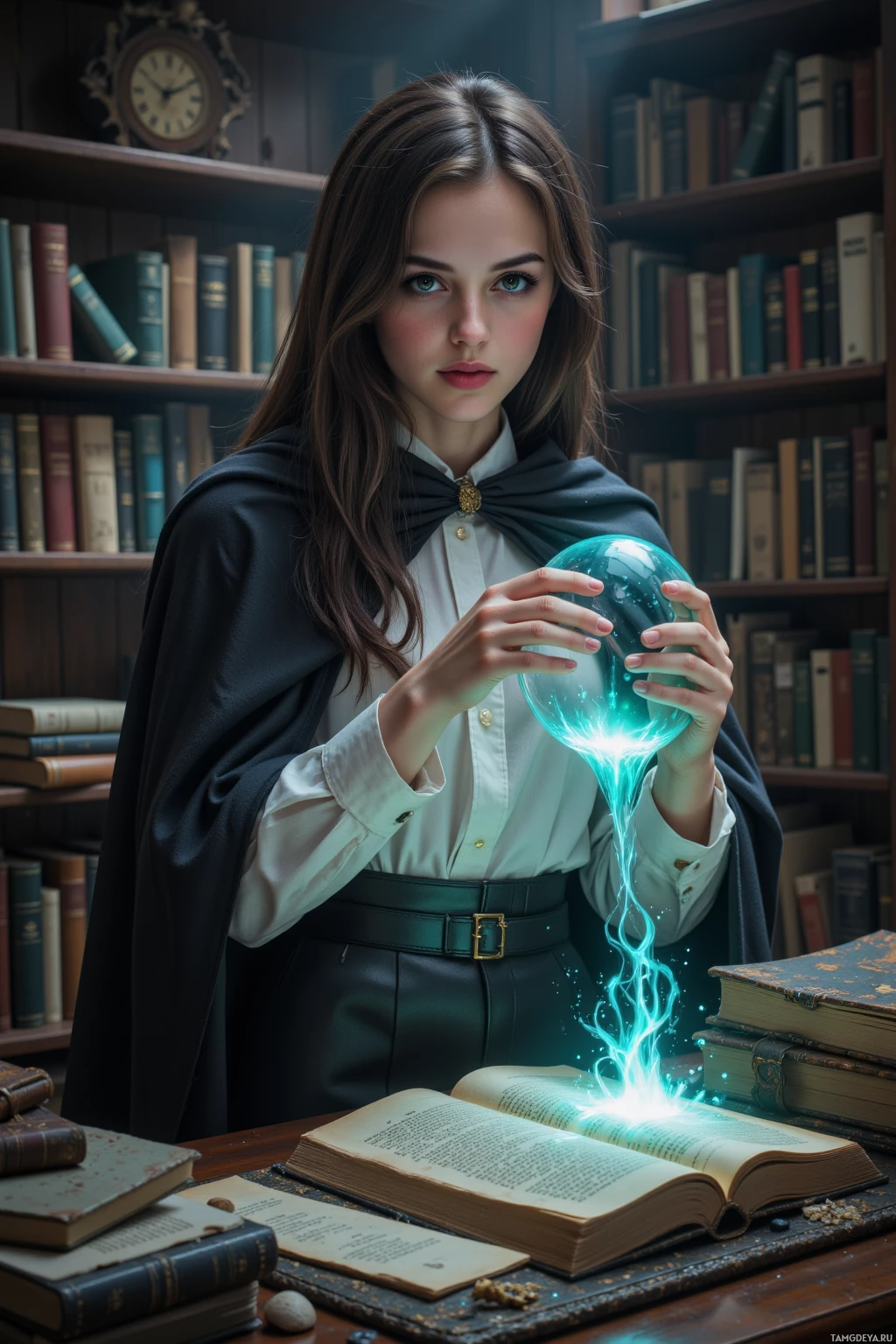 A person in a library setting holds a glowing blue orb above an open book with magical energy emanating from it.