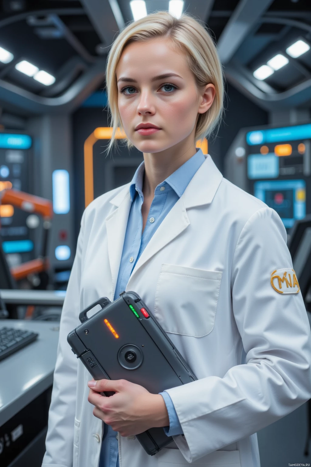 A person in a lab coat holds a device with illuminated buttons, standing in a futuristic setting.