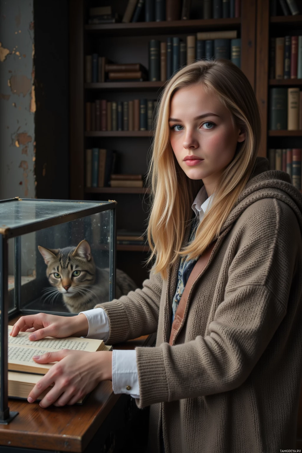 A person in a cozy setting reads a book with a cat inside a glass enclosure nearby.