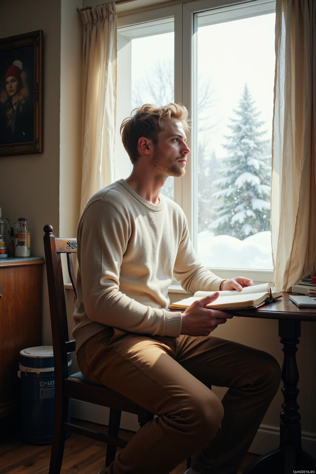 A person sits by a window reading a book in a cozy indoor setting with snowy trees visible outside.