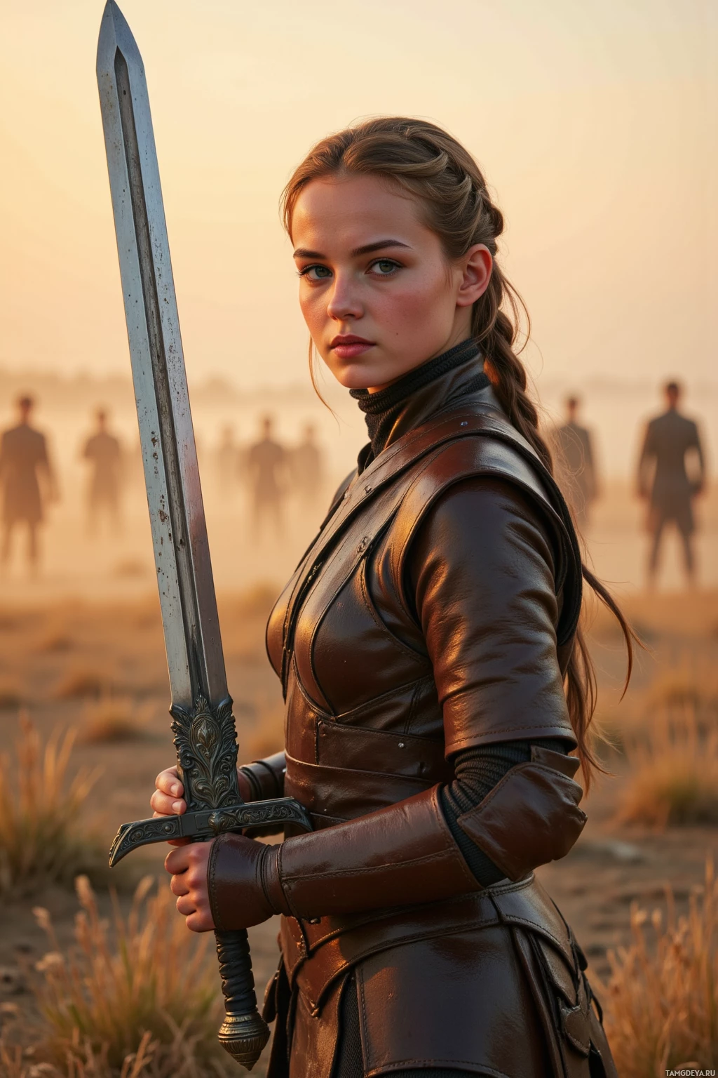 A person in leather armor holds a sword, standing in a field with silhouetted figures in the background.
