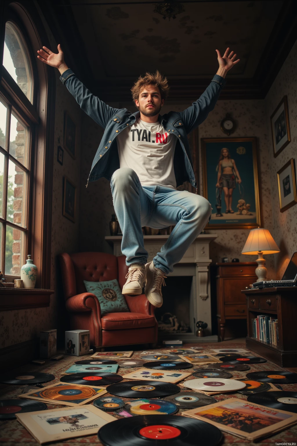 A person is jumping in a room filled with vinyl records on the floor.