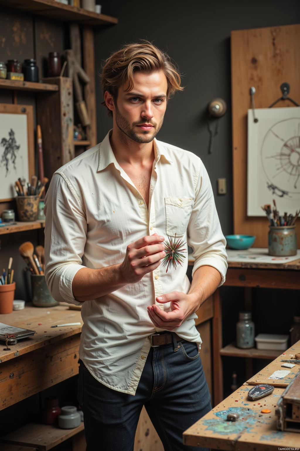 A person in a white shirt stands in a workshop, holding a small object.