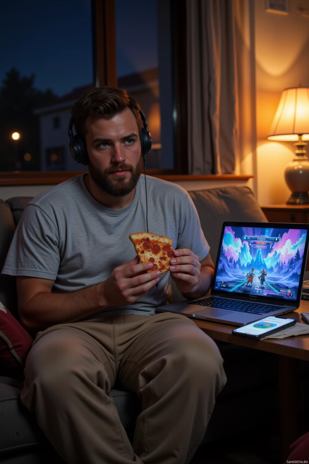 A person is sitting on a couch at night, wearing headphones and eating pizza while playing a video game on their laptop.