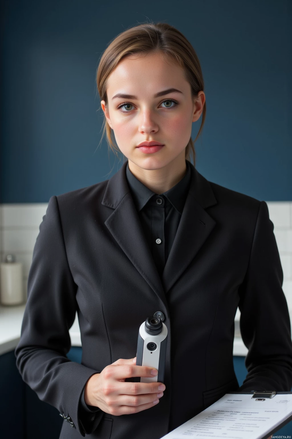 A person in formal attire holds a device and clipboard against a blue wall background.