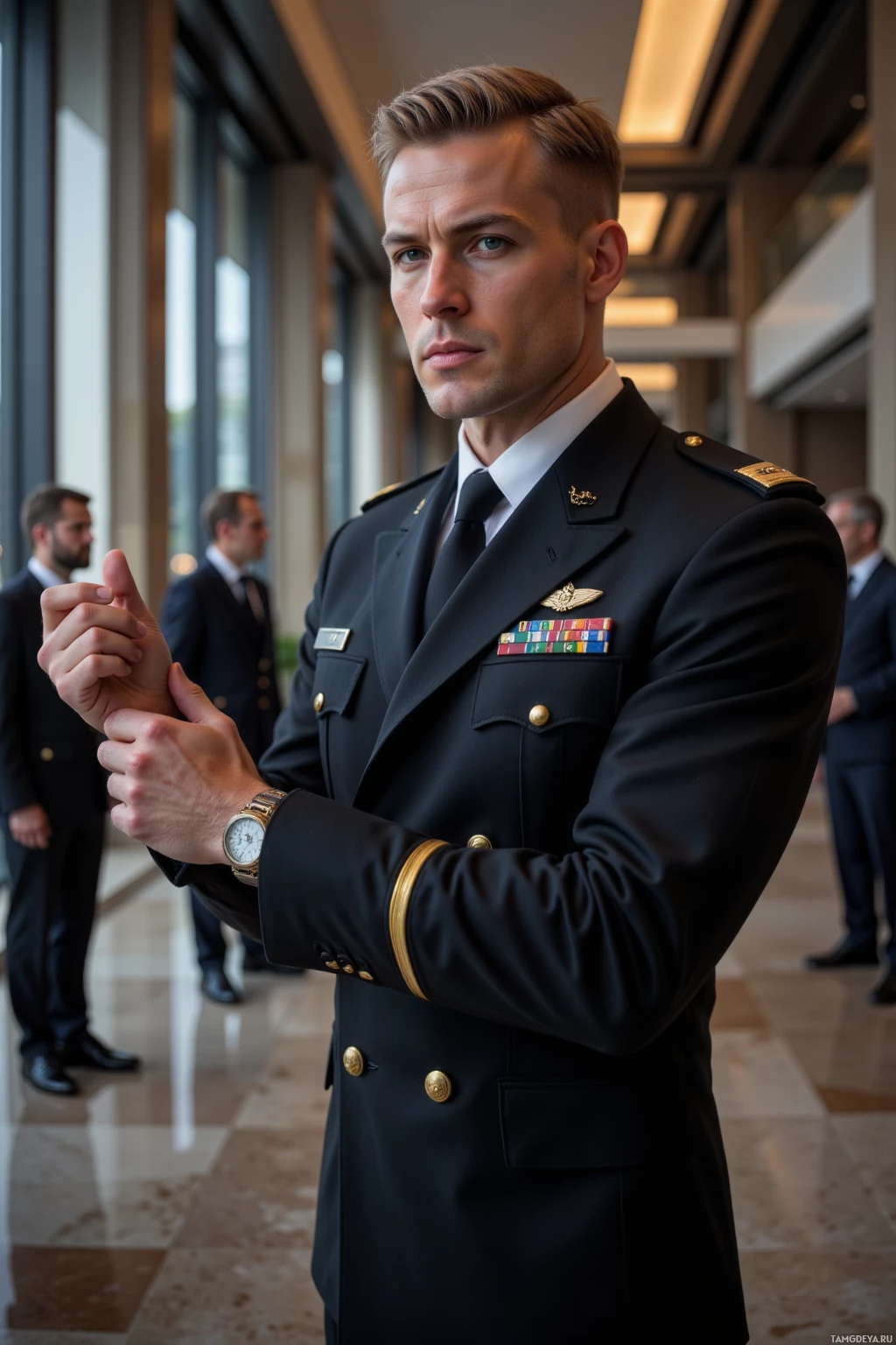 A man in a formal military uniform adjusts his watch in a well-lit indoor setting.